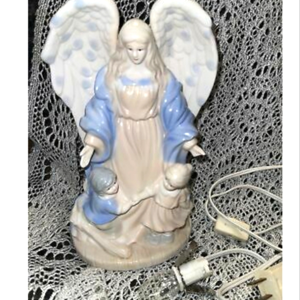 Vintage Guardian Angel & Children Porcelain Bisque Night Light Lamp